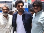 SS Rajamouli poses with Brahmastra stars Ranbir Kapoor and Nagarjuna at a promotional event in Chennai.