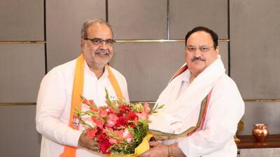 Newly appointed BJP state chief Bhupendra Chaudhary met the party’s national president JP Nadda in New Delhi on Thursday evening after the party named him for the key post earlier in the day. Chaudhary, 55, had earlier met Nadda on Wednesday too. (SOURCED IMAGE ) Newly appointed BJP state chief Bhupendra Chaudhary met the party’s national president JP Nadda in New Delhi on Thursday evening after the party named him for the key post earlier in the day. Chaudhary, 55, had earlier met Nadda on Wednesday too. (SOURCED IMAGE )