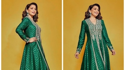 Madhuri Dixit went all traditional and aced this green anarkali set. These pictures of the actor will surely remind you of ‘Nisha’ from Hum Aapke Hain Koun..! (Instagram/@madhuridixitnene)