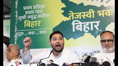 Bihar deputy chief minister Tejashwi Prasad Yadav addresses a press conference in Patna on Thursday. (Santosh Kumar/HT Photo) Bihar deputy chief minister Tejashwi Prasad Yadav addresses a press conference in Patna on Thursday. (Santosh Kumar/HT Photo)