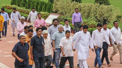 Delhi chief minister Arvind Kejriwal with party MLAs at Rajghat in New Delhi. (PTI) Delhi chief minister Arvind Kejriwal with party MLAs at Rajghat in New Delhi. (PTI)