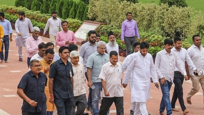 Delhi chief minister Arvind Kejriwal with party MLAs at Rajghat in New Delhi. (PTI) Delhi chief minister Arvind Kejriwal with party MLAs at Rajghat in New Delhi. (PTI)