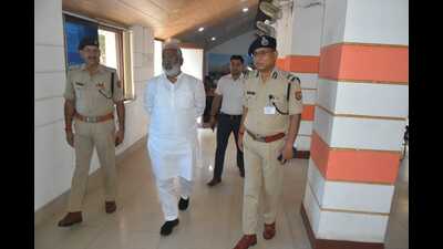UP Jal Shakti minister Swatantra Dev Singh at police lines in Varanasi. (HT)
