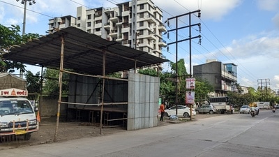 A pandal being set up in Mundhwa near an electric pole and transformer, ahead of Ganpati festival. (Shankar Narayan/HT PHOTO)