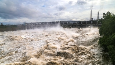Water flows after authorities opened sluice gates of the Kota barrage following incessant monsoon rains, in Kota, Tuesday, Aug. 23, 2022. (PTI) Water flows after authorities opened sluice gates of the Kota barrage following incessant monsoon rains, in Kota, Tuesday, Aug. 23, 2022. (PTI)
