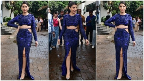 Nora Fatehi dons a blue embellished infinity blouse and thigh-slit skirt for Jhalak Dikhhla Jaa. (HT Photo/Varinder Chawla) Nora Fatehi dons a blue embellished infinity blouse and thigh-slit skirt for Jhalak Dikhhla Jaa. (HT Photo/Varinder Chawla)
