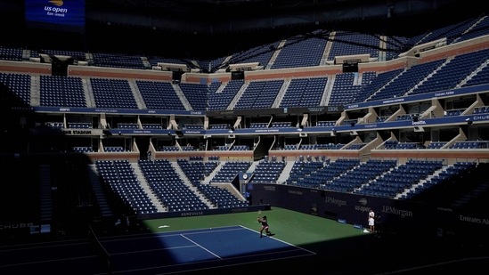 Serena Williams practices ahead of the 2022 US Open at the USTA Billie Jean King National Tennis Center in New York. (AFP)