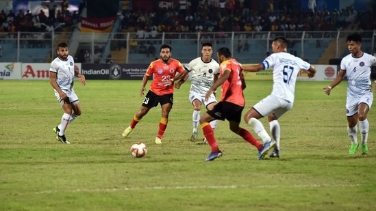Rajasthan United and East Bengal players in action during Durand Cup encounter(Twitter) Rajasthan United and East Bengal players in action during Durand Cup encounter(Twitter)