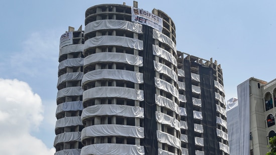 Up to 500 metres near the Supertech twin towers in Noida have been included in the “exclusion zone” which means it will remain closed to the public during the demolition. (PTI Photo/Atul Yadav)