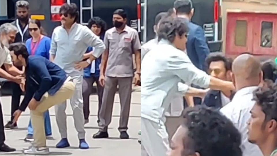 Ranbir Kapoor touched SS Rajamouli and Nagarjuna’s feet in Chennai.