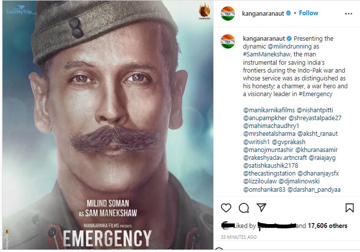 Taking to Instagram, Kangana also unveiled Milind's first look from the film.