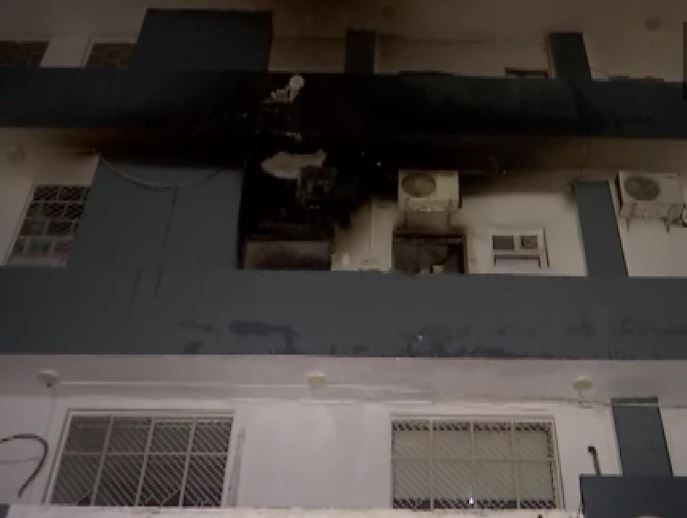 At 10 pm, a massive blaze was reported on the second floor of a mobile godown, and 10 fire engines were rushed to the spot. (ANI photo)