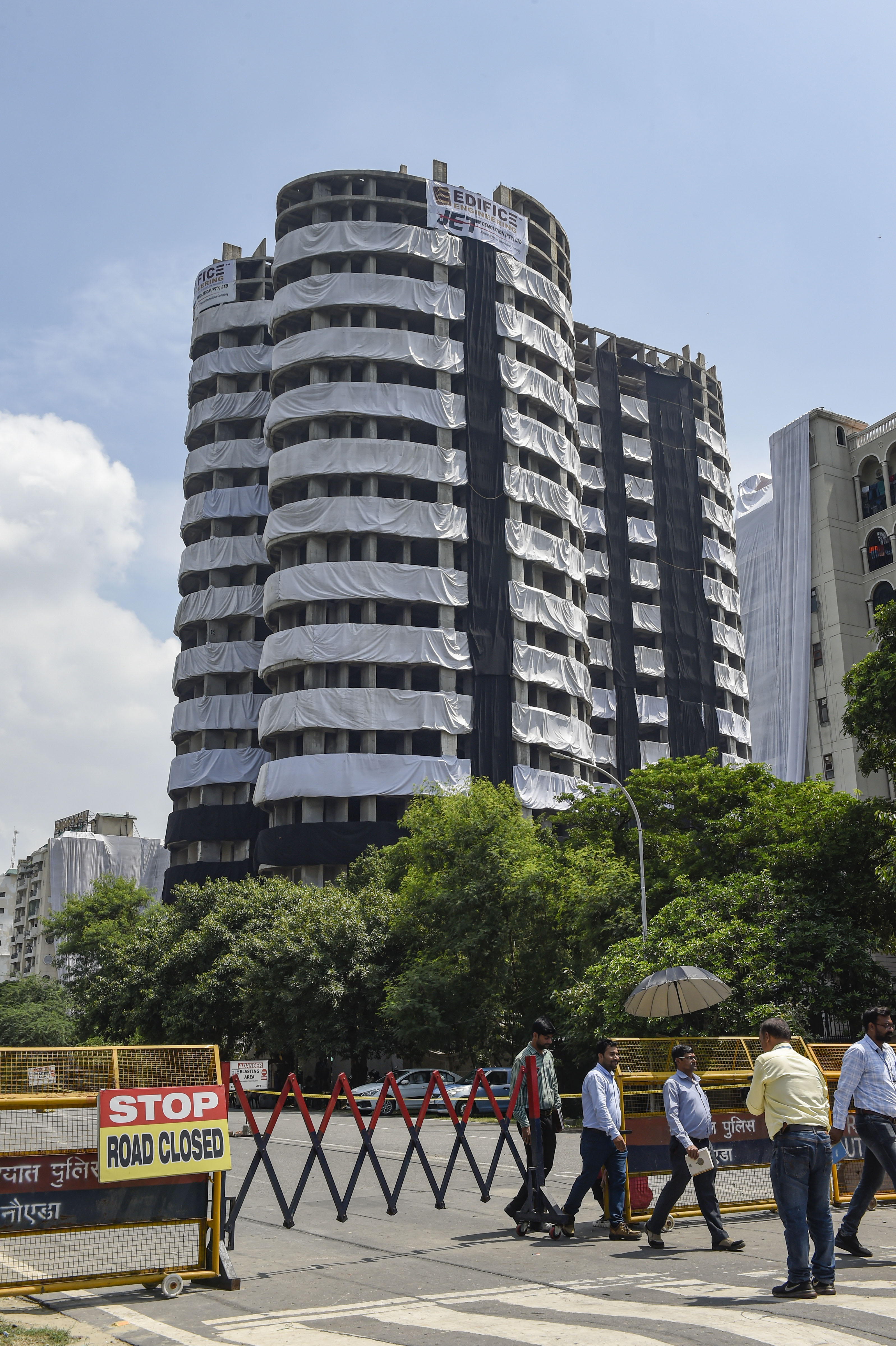 Up to 500 metres near the Supertech twin towers in Noida have been included in the “exclusion zone” which means it will remain closed to the public during the demolition. (PTI Photo/Atul Yadav) Up to 500 metres near the Supertech twin towers in Noida have been included in the “exclusion zone” which means it will remain closed to the public during the demolition. (PTI Photo/Atul Yadav)