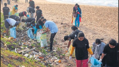 Over 76 tonnes of plastic was collected by more than 22,000 people along the 28-km stretch coast of Bay of Bengal in the port city of Visakhapatnam in Andhra Pradesh. (HT photo)