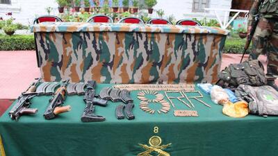 Arms and ammunition recovered from terrorists by the Indian Army during an anti-infiltration operation along the Line of Control in J&K's Uri sector. (PTI) Arms and ammunition recovered from terrorists by the Indian Army during an anti-infiltration operation along the Line of Control in J&K's Uri sector. (PTI)