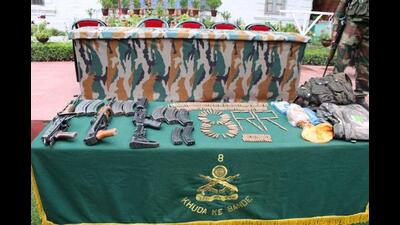 Arms and ammunition recovered from terrorists by the Army during an anti-infiltration operation along the Line of Control (LoC) in J&K's Uri sector. Force killed three terrorists during the operation. (PTI) Arms and ammunition recovered from terrorists by the Army during an anti-infiltration operation along the Line of Control (LoC) in J&K's Uri sector. Force killed three terrorists during the operation. (PTI)
