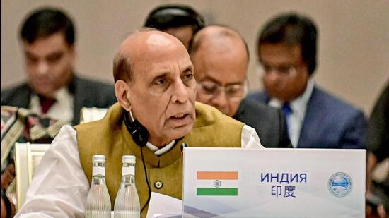 India’s defence minister Rajnath Singh attends the Shanghai Cooperation Organisation (SCO) Defence Ministers’ meeting, in Tashkent, Uzbekistan, on Wednesday. (PTI)