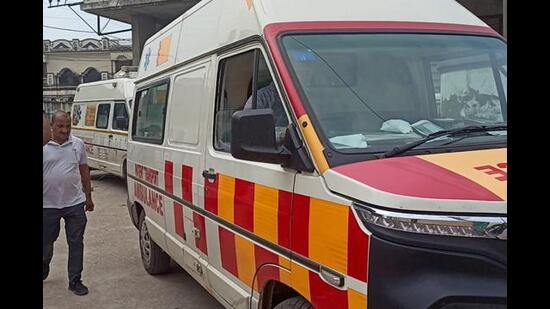 Ambulances taking the bodies of the six family members for autopsy in Ambala on Friday.  (HT Photo)