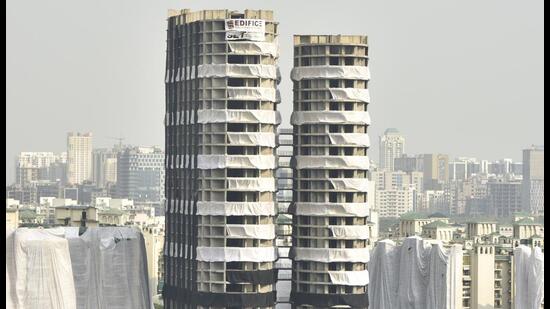 Noida, India- August 26, 2022: A view of Supertech Twin Tower ahead of its demolition at Sector 93A, in Noida, India, on Friday, August 26, 2022. (Photo by Sunil Ghosh / Hindustan Times) (Hindustan Times)