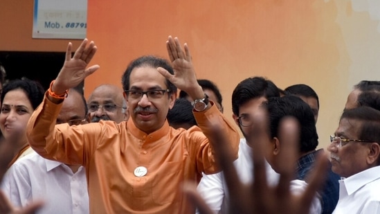 File photo: Shiv Sena chief Uddhav Thackeray waves to the people during the flag hoisting ceremony on the occasion of 76th Independence Day, at Shiv Sena Bhawan, in Mumbai. (ANI Photo)(Sandip Mahankal)