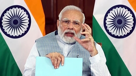 Prime Minister Narendra Modi addresses the Grand Finale of Smart India Hackathon 2022 via video conferencing, in New Delhi on Thursday.&nbsp;(ANI)