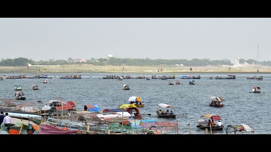 Boats plying on Sangam waters in Prayagraj. (HT file)