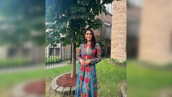 In the pictures, Mrunal Thakur can be seen acing the semi-ethnic look in a floral embroidered jacket set.(Instagram/@mrunalthakur)