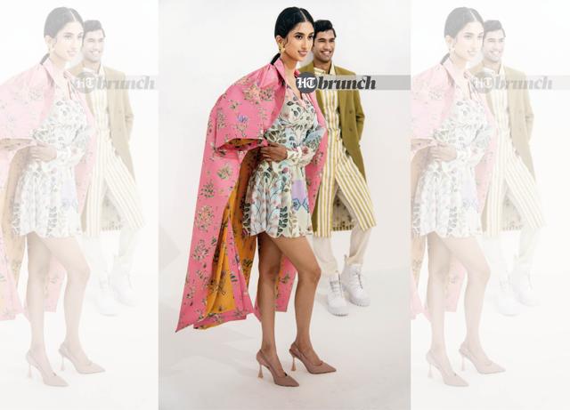 Wear oversized jackets with thigh-high dresses, patterned tees, and sneakers; On Rhea: Coat by November Noon; Dress by Limerick; Earrings by The Jewel Factor; Shoes by Charles & Keith; On Sahil: Pants by United Colors of Benetton; Shirt and coat by November Noon; Sneakers by Onitsuka Tiger (Hari Nair)