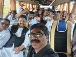 CM Hemant Soren with ruling camp MLAs from inside the bus that is taking them to a guest house in Khunti from Ranchi on Saturday. (ANI) CM Hemant Soren with ruling camp MLAs from inside the bus that is taking them to a guest house in Khunti from Ranchi on Saturday. (ANI)