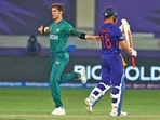 Shaheen Afridi (L) after dismissing Virat Kohli in T20 World Cup last year