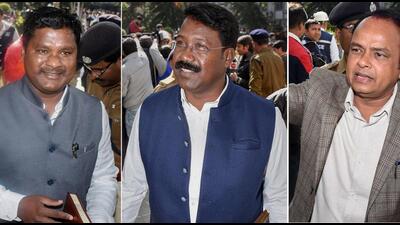 Suspended Jharkhand Congress MLAs Rajesh Kacchap (left), Naman Viksal (middle) and Irfan Ansari (right). (PTI) Suspended Jharkhand Congress MLAs Rajesh Kacchap (left), Naman Viksal (middle) and Irfan Ansari (right). (PTI)