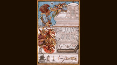 Fairies Descend to the Chamber of Prince Manohar, a painting from 18th-century India that depicts a prince being transported, in his sleep, to his beloved princess Madhumalati, for whom he pines. (The Metropolitan Museum of Art)