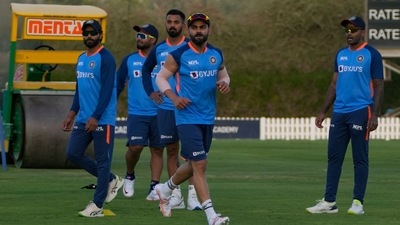 India's Virat Kohli, center, and teammates attend a practice session (AP) India's Virat Kohli, center, and teammates attend a practice session (AP)