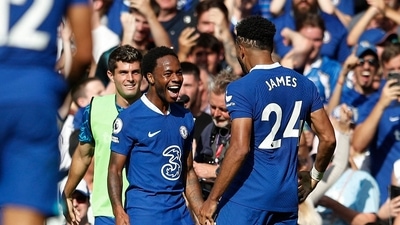 Chelsea's Raheem Sterling celebrates scoring their second goal with Reece James&nbsp; (REUTERS)