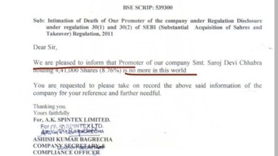 The text of a notice posted along with the tweet shows the company named AK Spintex is "pleased to announce the death of the promoter."