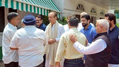 Former Congress leader Ghulam Nabi Azad meeting Jammu and Kashmir leaders, who resigned from the party after him, in New Delhi on Saturday. (ANI PHOTO)