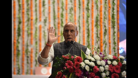 Union minister Rajnath Singh speaking at a function held at the Atal Bihari Vajpayee Convention Centre in Lucknow on Saturday. (Deepak Gupta/HT)