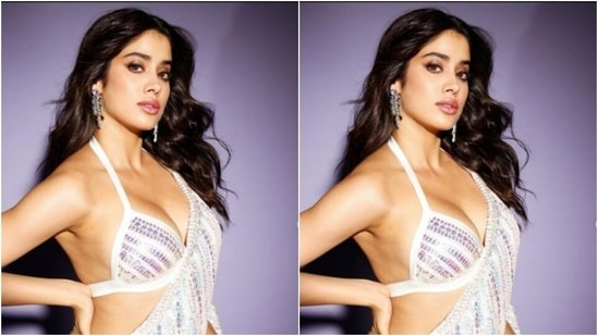 Janhvi played muse to fashion designer Manish Malhotra and picked a white sequin sraee for the wedding bask.(Instagram/@janhvikapoor)