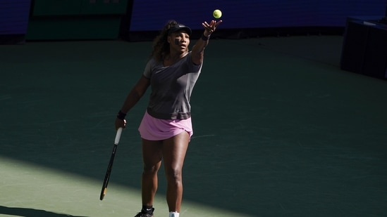 Serena Williams practices at Arthur Ashe Stadium before the start of the U.S. Open tennis tournament in New York(AP)