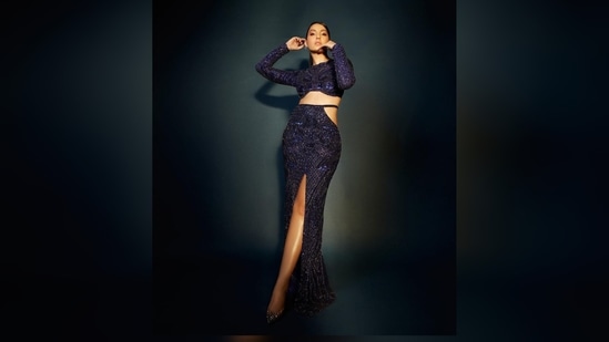 Nora Fatehi's outfit comes with a cropped blouse and a cut-out thigh-high slit floor-sweeping skirt.(Instagram/@norafatehi)