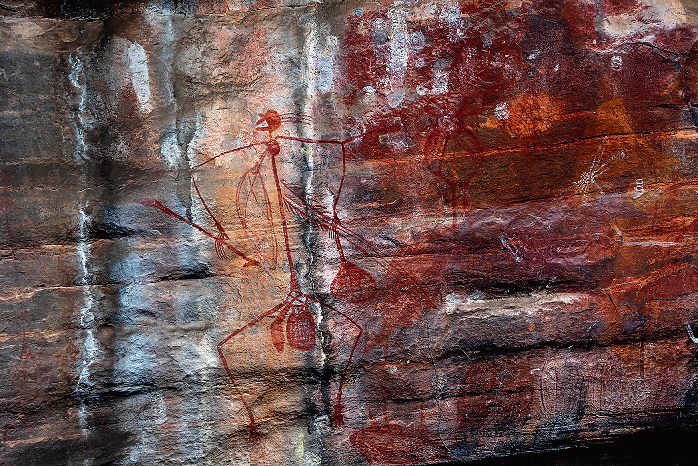 Some of the rock art in the Kakadu National Park dates back 20,000 years and constitutes the Aboriginal people’s oldest memories and norms. For instance, drawings of figures armed with hooked sticks and boomerangs are believed to represent tribes defending territory, and guarding against crocodile attacks. (Sonia Nazareth)