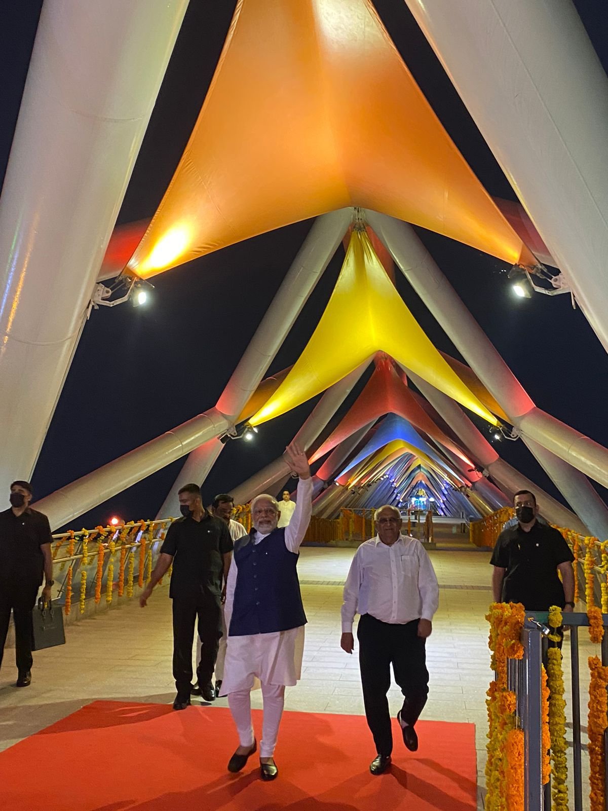 PM Modi at the newly inaugurated Atal Bridge on the Sabarmati river. (Twitter)