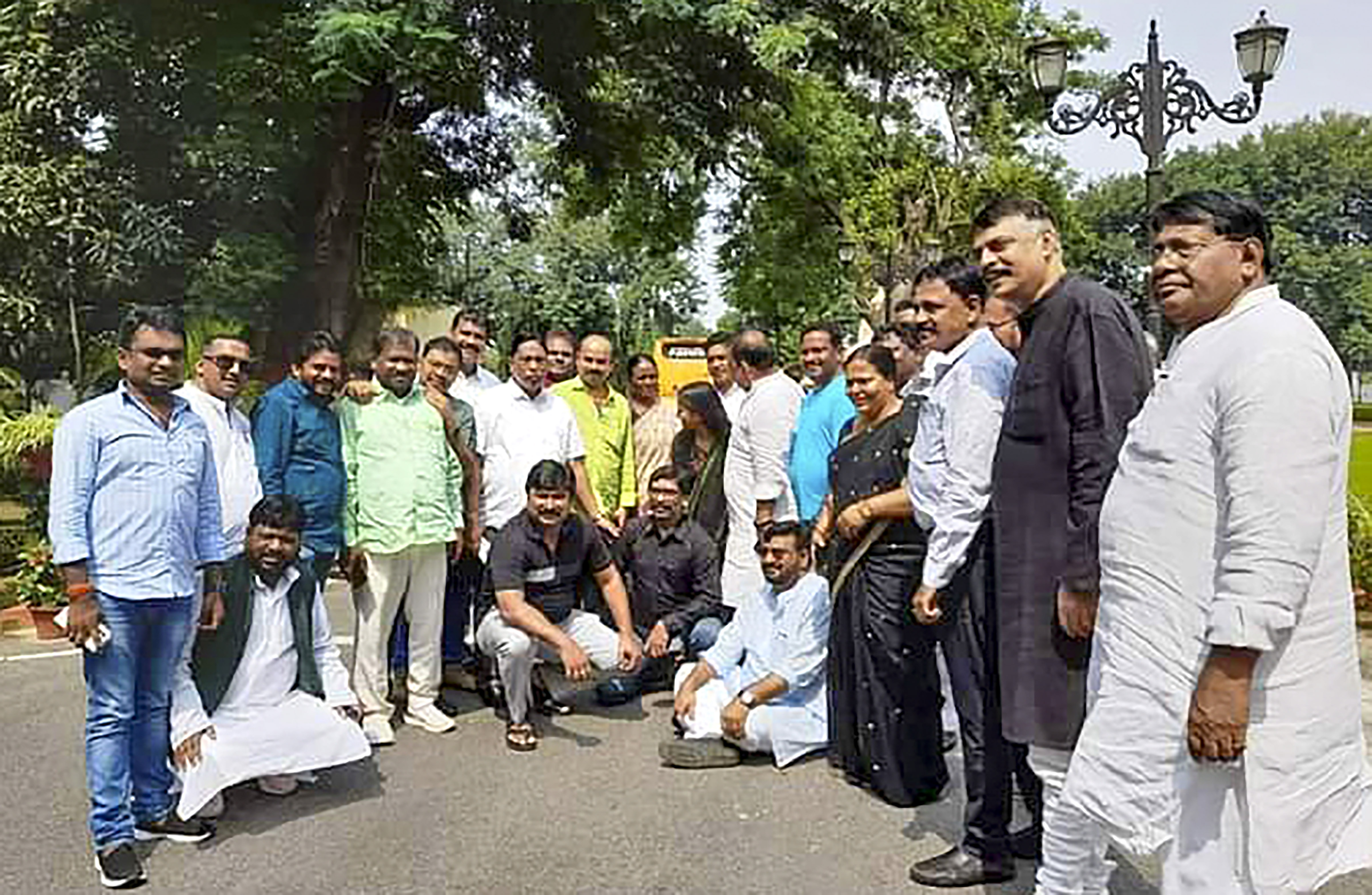 Jharkhand CM Hemant Soren with Jharkhand Congress president Rajesh Thakur and UPA MLAs pose for a photograph in Khunti on Saturday (PTI) Jharkhand CM Hemant Soren with Jharkhand Congress president Rajesh Thakur and UPA MLAs pose for a photograph in Khunti on Saturday (PTI)