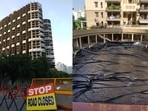 Ahead of demolition of Noida Supertech twin towers today, nearby society Silvercity has wrapped up its swimming pool to prevent it from getting polluted from the dust that will follow the demolition of the tallest building in the country to be razed in a controlled explosion.(Sunil Ghosh / Hindustan Times)