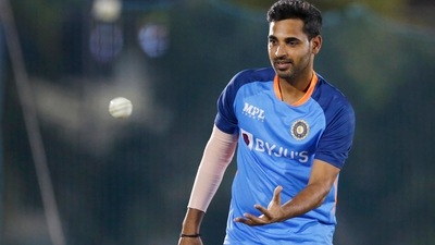 Bhuvneshwar Kumar during a practice session ahead of the Asia Cup 2022 match against Pakistan at Dubai International Cricket Stadium (BCCI Twitter) Bhuvneshwar Kumar during a practice session ahead of the Asia Cup 2022 match against Pakistan at Dubai International Cricket Stadium (BCCI Twitter)