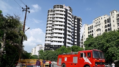 A view of the Supertech's 40 storey illegal Twin Towers Apex & Ceyane all set for demolition, in Noida. (ANI Photo) A view of the Supertech's 40 storey illegal Twin Towers Apex & Ceyane all set for demolition, in Noida. (ANI Photo)