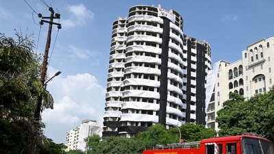 A view of the Supertech's 40 storey illegal Twin Towers Apex & Ceyane all set for demolition, in Noida on Saturday. (ANI Photo) A view of the Supertech's 40 storey illegal Twin Towers Apex & Ceyane all set for demolition, in Noida on Saturday. (ANI Photo)