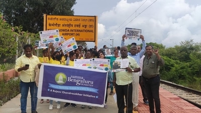 Many senior citizens and children in Bengaluru also participated in the train journey and urged people to take public transport while travelling to and from the airport. (Twitter pic) Many senior citizens and children in Bengaluru also participated in the train journey and urged people to take public transport while travelling to and from the airport. (Twitter pic)