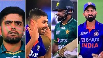 Babar Azam, Avesh Khan, Dinesh Karthik left dumbstruck as Fakhar Zaman walks off in IND vs PAK (Screengrab) Babar Azam, Avesh Khan, Dinesh Karthik left dumbstruck as Fakhar Zaman walks off in IND vs PAK (Screengrab)