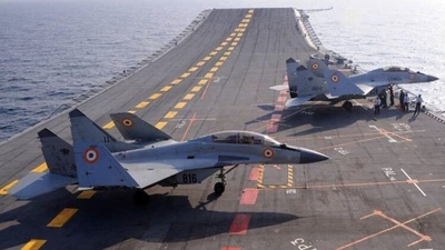 Russian MiG-29K fighters on board Indian aircraft carrier Vikramaditya. Russian MiG-29K fighters on board Indian aircraft carrier Vikramaditya.